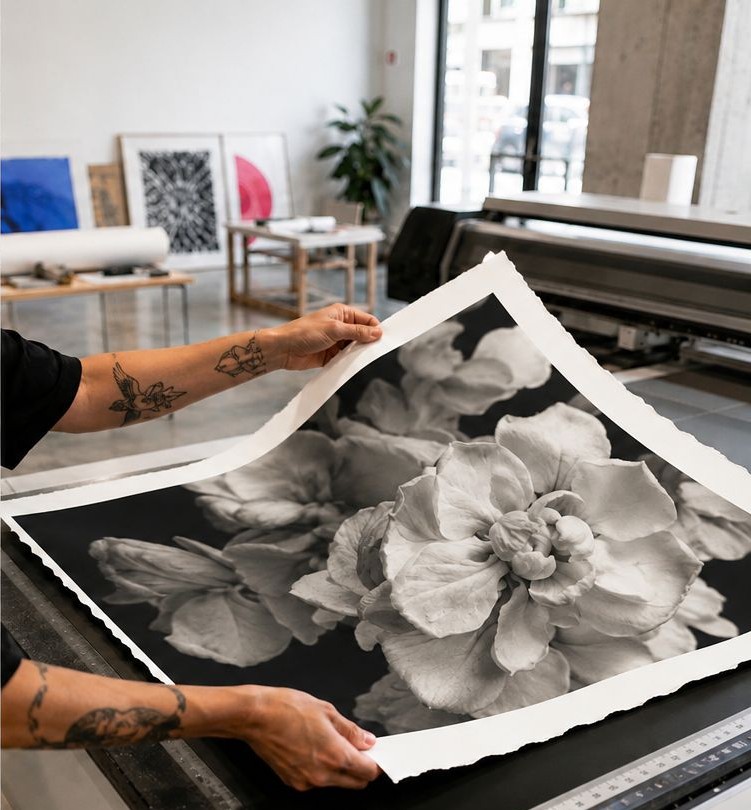 Fine Art baskı stüdyosunda geniş format yazıcıdan çıkan renkli bir sanat eseri baskısı